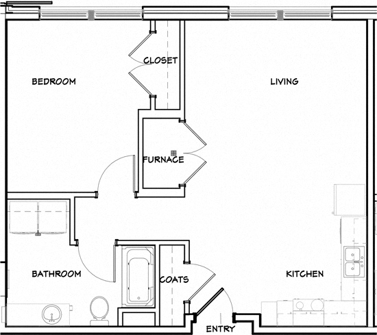 Floor plan for 1 bed, 1 bath, 720 sqft